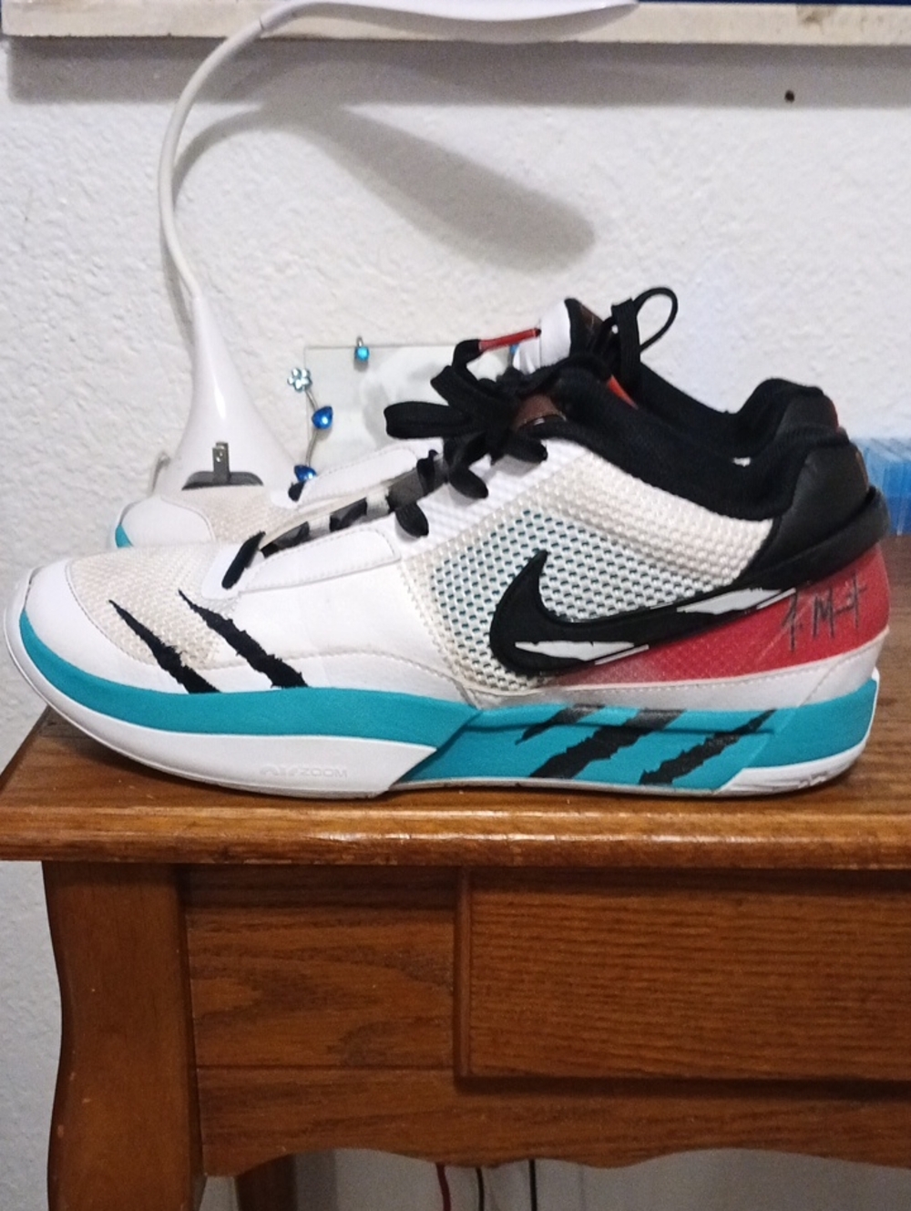 Men's Ja Morant Nike Air Zoom White and Teal Athletic Shoes with Black Swoosh
